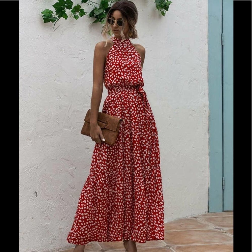 Boho Red Polka Dot High Halter Neck Sleeveless Maxi Dress With Ribbon Belt